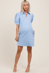 Light Blue Jacquard 1/4 Zip Maternity Mini Shirt Dress