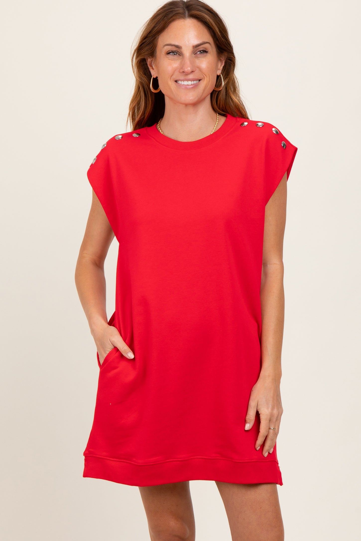 Red Studded Shoulder Maternity Mini Dress