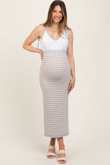 Blue Contrast Colorblock Knit Shoulder Tie Maternity Midi Dress