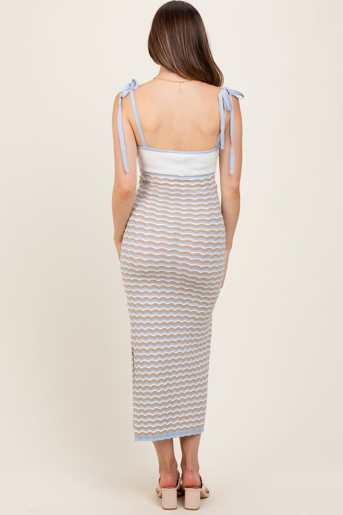 Blue Contrast Colorblock Knit Shoulder Tie Maternity Midi Dress
