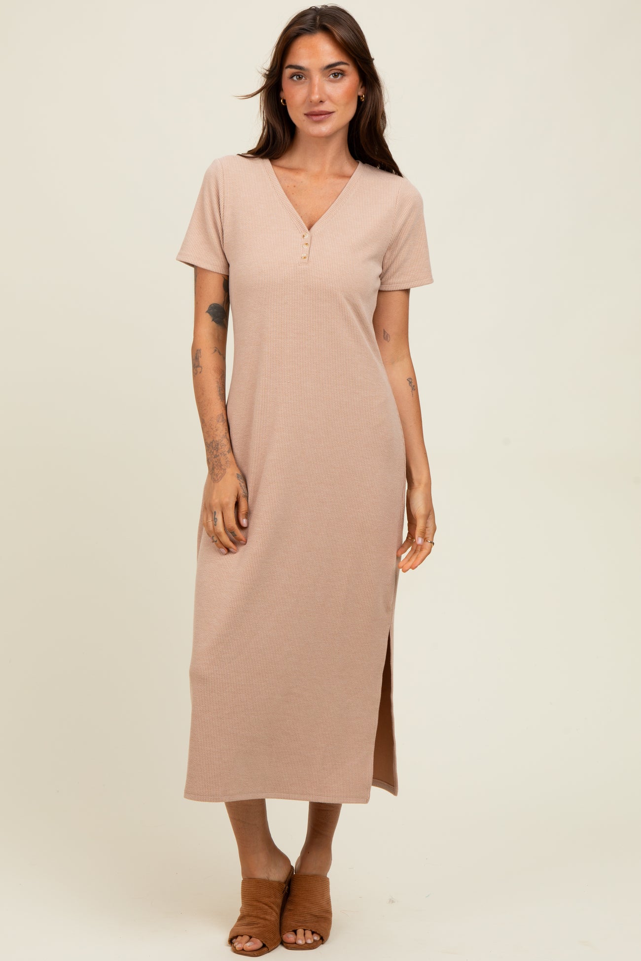 Mocha Ribbed Button Detail Midi Dress