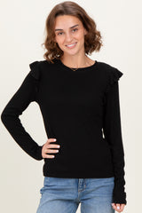 Black Ribbed Knit Ruffle Detail Long Sleeve Top
