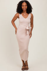 Beige Sleeveless Ribbed Belted Midi Maternity Dress