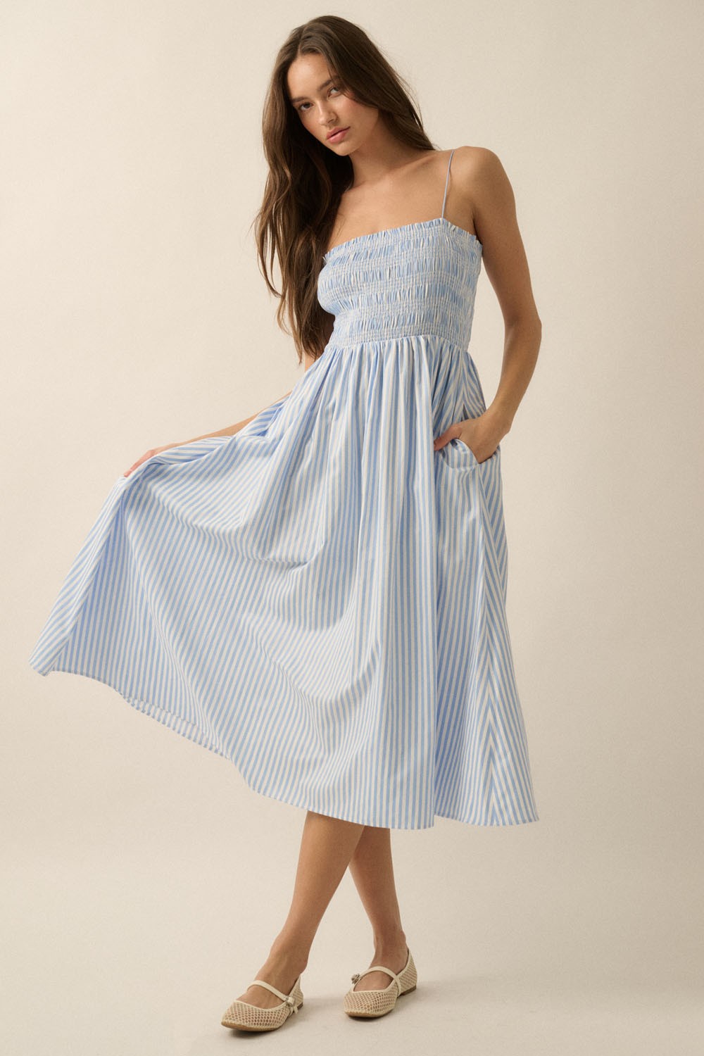 Blue Striped Smocked Midi Dress