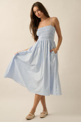 Blue Striped Smocked Midi Dress