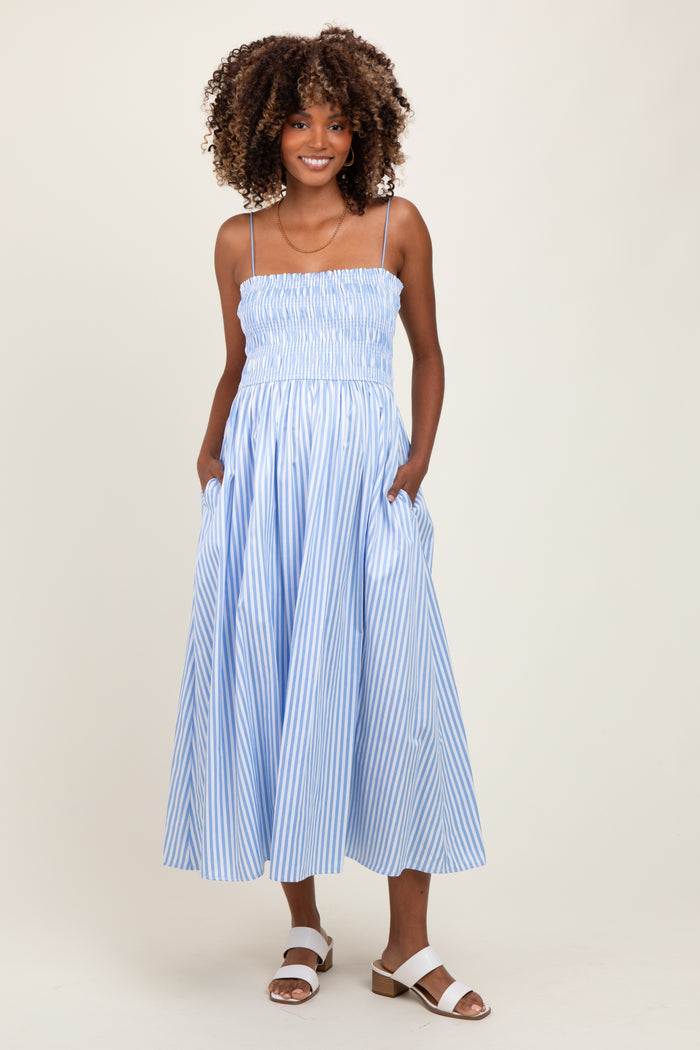 Blue Striped Smocked Maternity Midi Dress