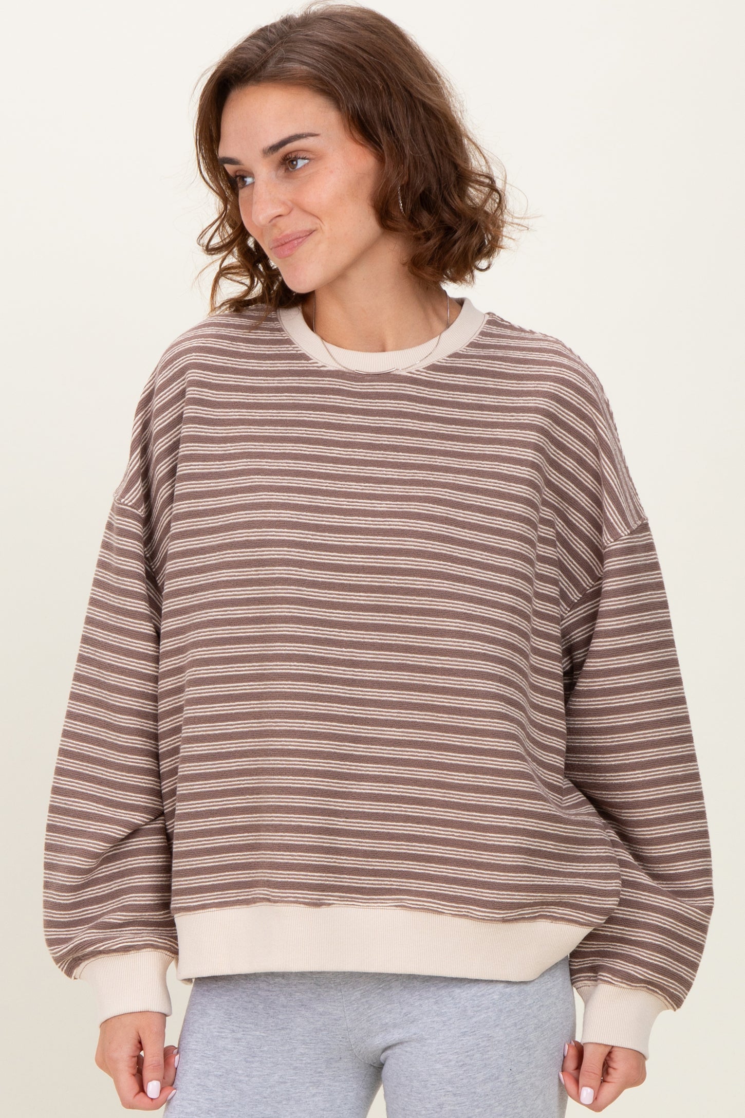 Mocha Striped Knit Relaxed Fit Maternity Pullover