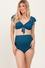 Teal Ribbed Ruffle Shoulder Front Tie High Waist Two-Piece Maternity Swimsuit