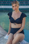 Navy Ribbed Ruffle Shoulder Front Tie High Waist Two-Piece Swimsuit