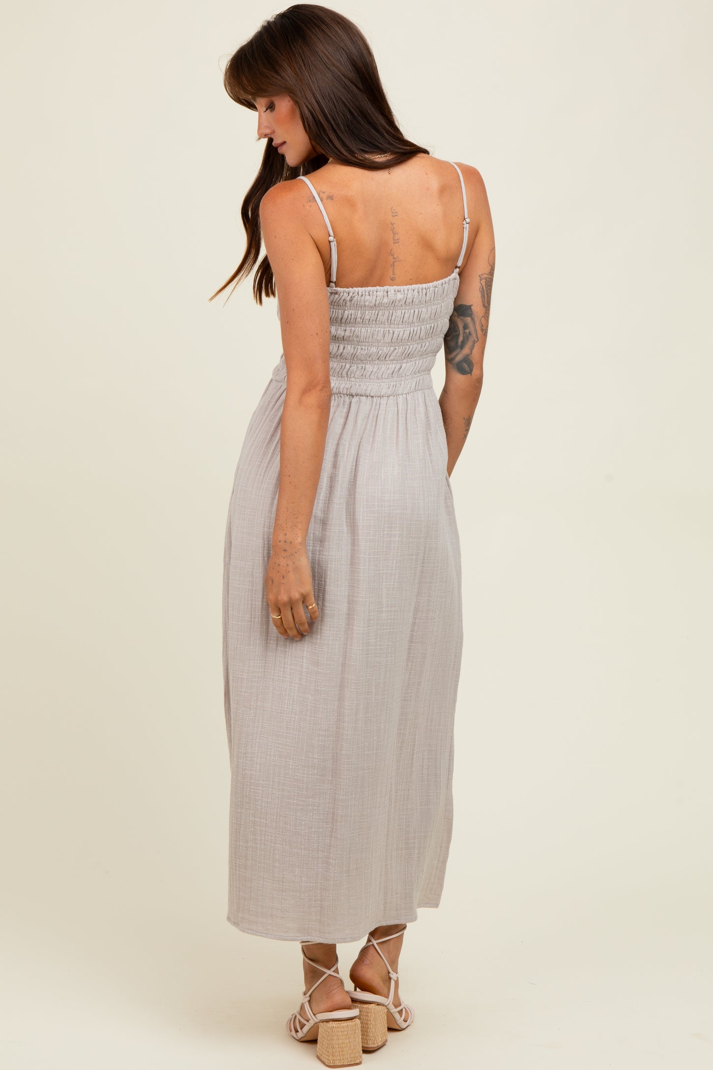 Grey Smocked Cotton Gauze Midi Dress