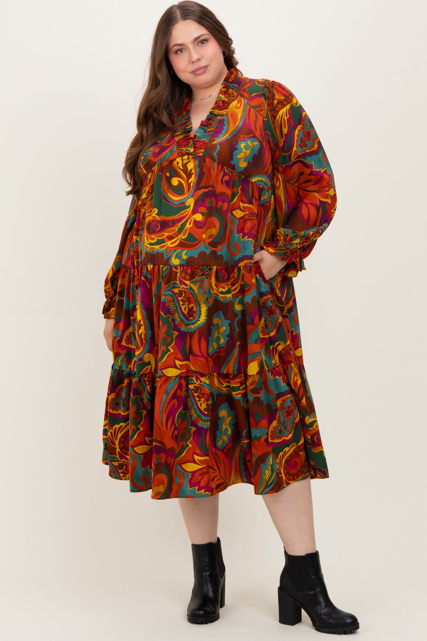 woman wearing a multicolored floral patterned maternity plus dress with tiered design and long sleeves