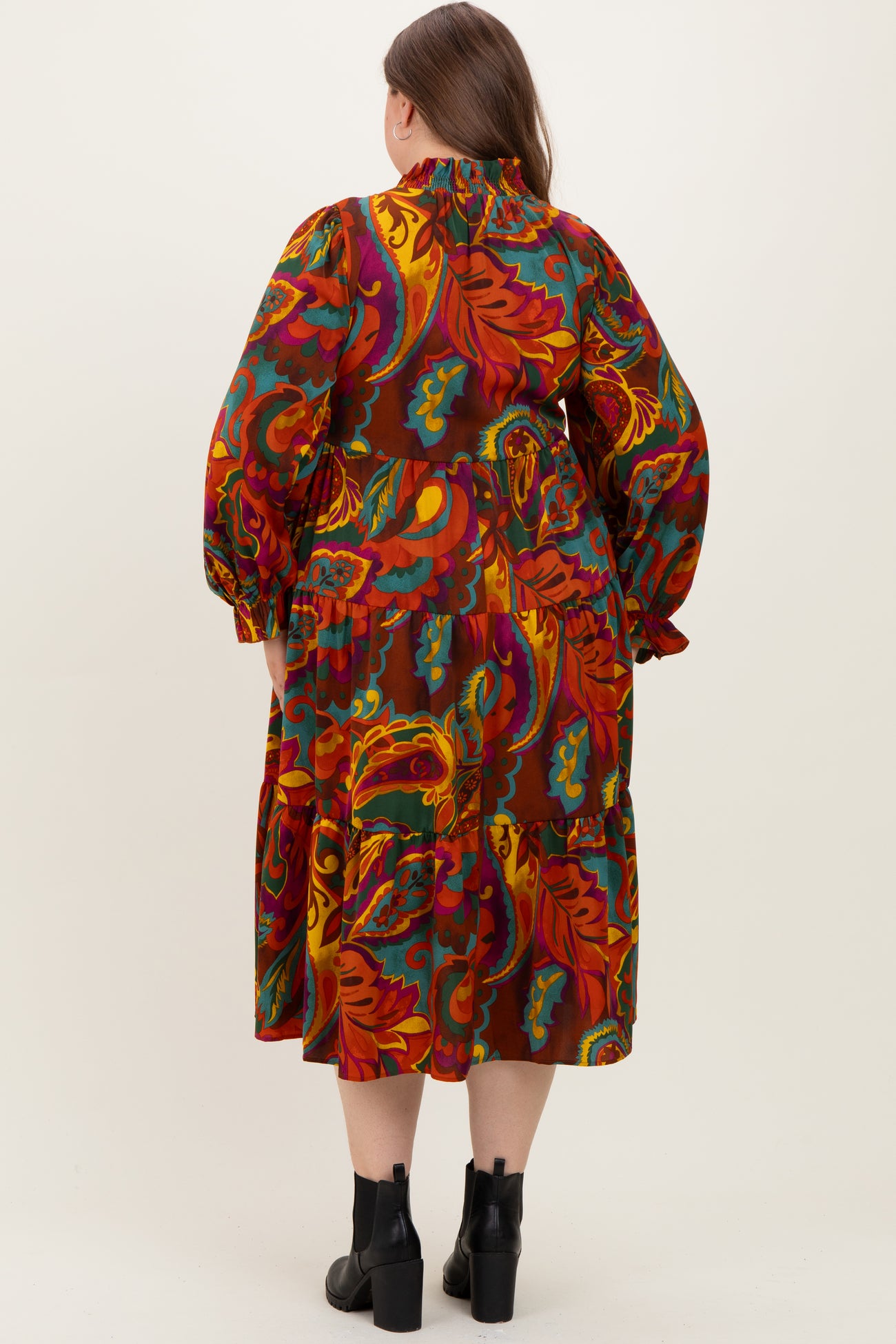 woman wearing a colorful floral maternity plus dress with long sleeves and a tiered skirt, showing a baby bump from the back
