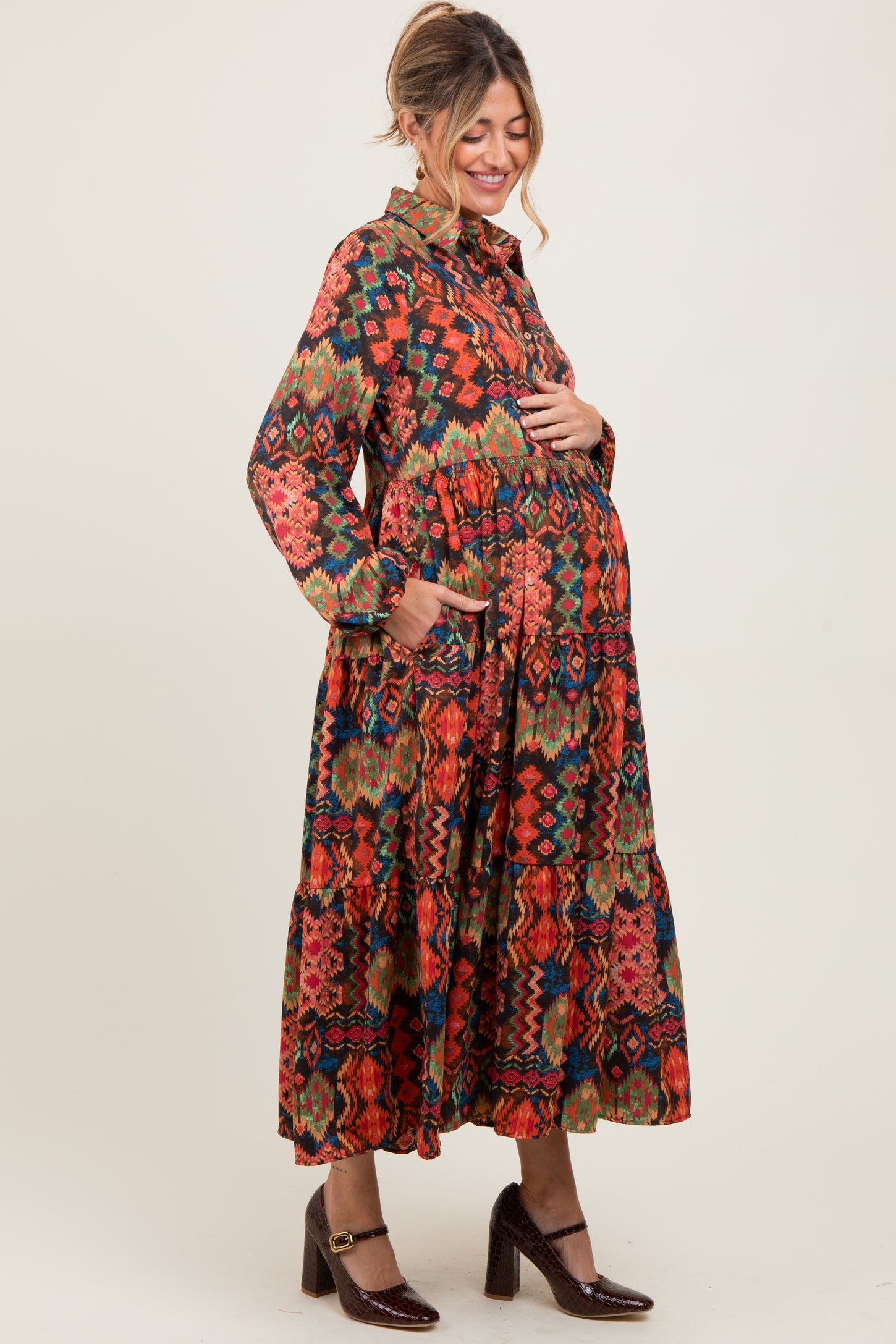 Black Printed Button Detail Tiered Maternity Midi Dress