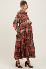 Black Printed Button Detail Tiered Maternity Midi Dress