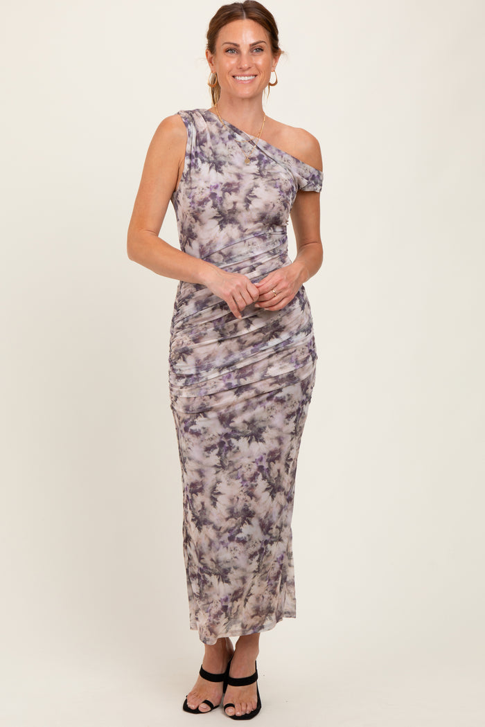 Purple Floral Ruched One Shoulder Maternity Midi Dress