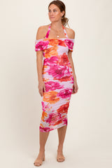Fuchsia Floral Mesh Off Shoulder Halter Midi Dress