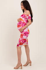 Fuchsia Floral Mesh Off Shoulder Halter Maternity Midi Dress