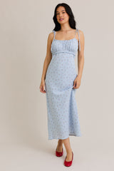 Light Blue Cherry Print Shoulder Tie Midi Dress