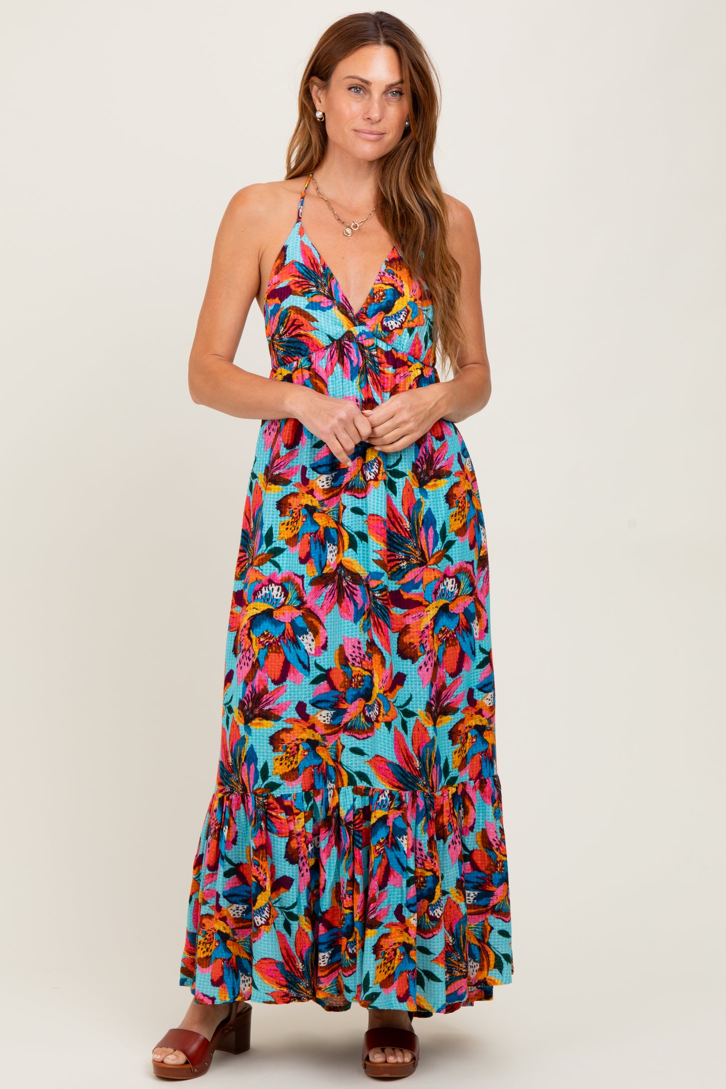 Multicolor Floral Deep V-Neck Halter Maxi Dress