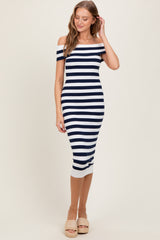 Navy Striped Off Shoulder Midi Sweater Dress