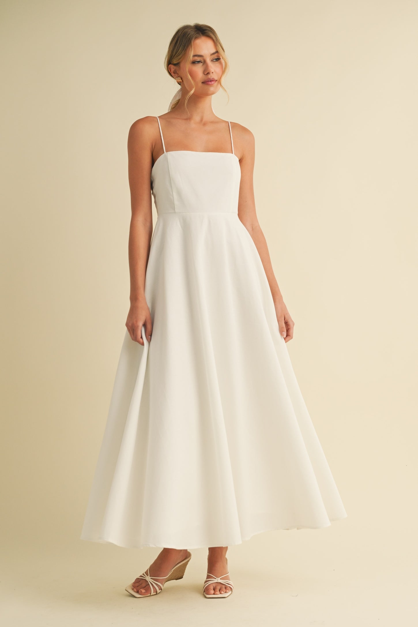 White Linen A-Line Flared Midi Dress