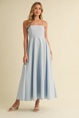 Light Blue Linen A-Line Flared Maternity Midi Dress