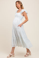 Light Blue Elegant Chiffon Floral Smocked Maternity Midi Dress