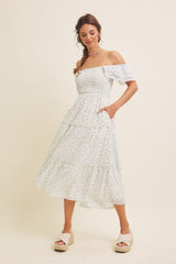Light Blue Elegant Chiffon Floral Smocked Maternity Midi Dress