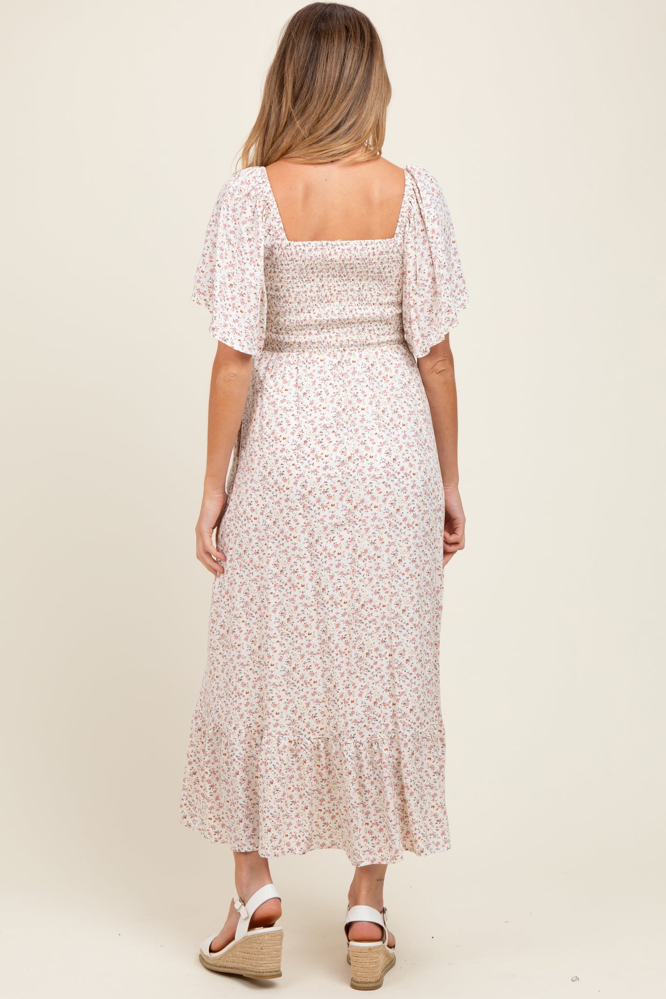 Cream Multi Ditsy Floral Smocked Maternity Midi Dress