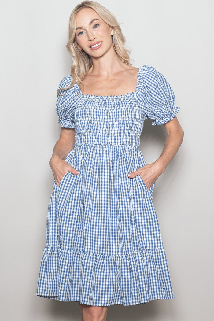 Blue Gingham Smocked Puff Sleeve Maternity Dress
