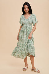Green Floral Smocked Flutter Sleeve Midi Dress