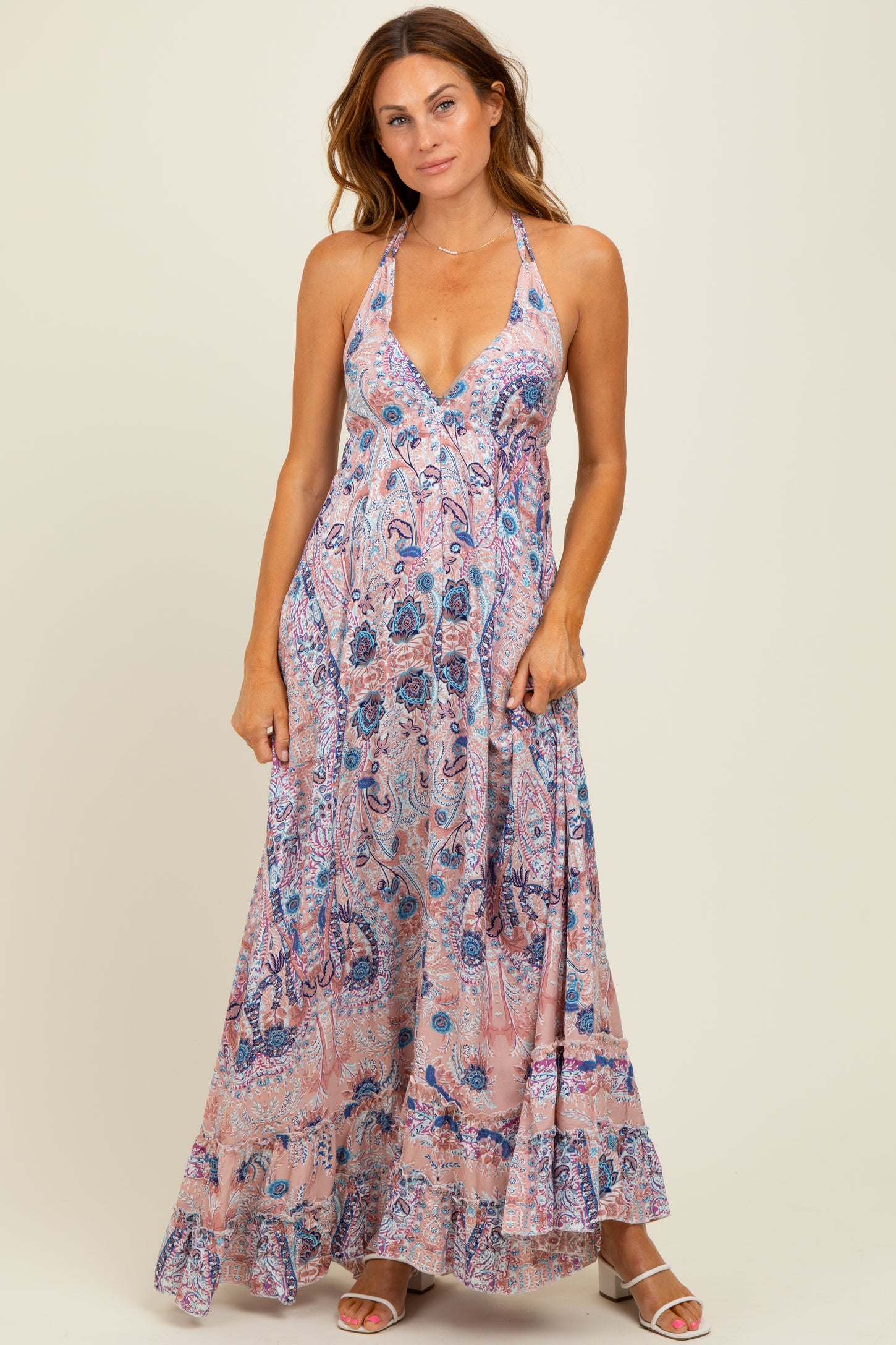 Mauve Paisley Halter V-Neck Cutout Maxi Dress