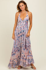 Mauve Paisley Halter V-Neck Cutout Maxi Dress