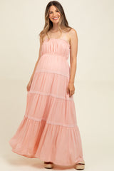 Light Pink Lace Tiered Sleeveless Maternity Maxi Dress