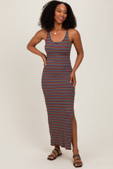 Yellow Multicolor Striped Side Slit Maxi Dress
