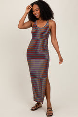 Yellow Multicolor Striped Side Slit Maxi Dress