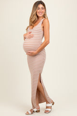 Beige Striped Side Slit Maternity Maxi Dress