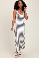 White Striped Ribbed Sleeveless Maxi Dress