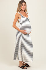 White Striped Ribbed Sleeveless Maternity Maxi Dress