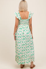 Green Floral Print Smocked Ruffle Sleeve Maternity Maxi Dress