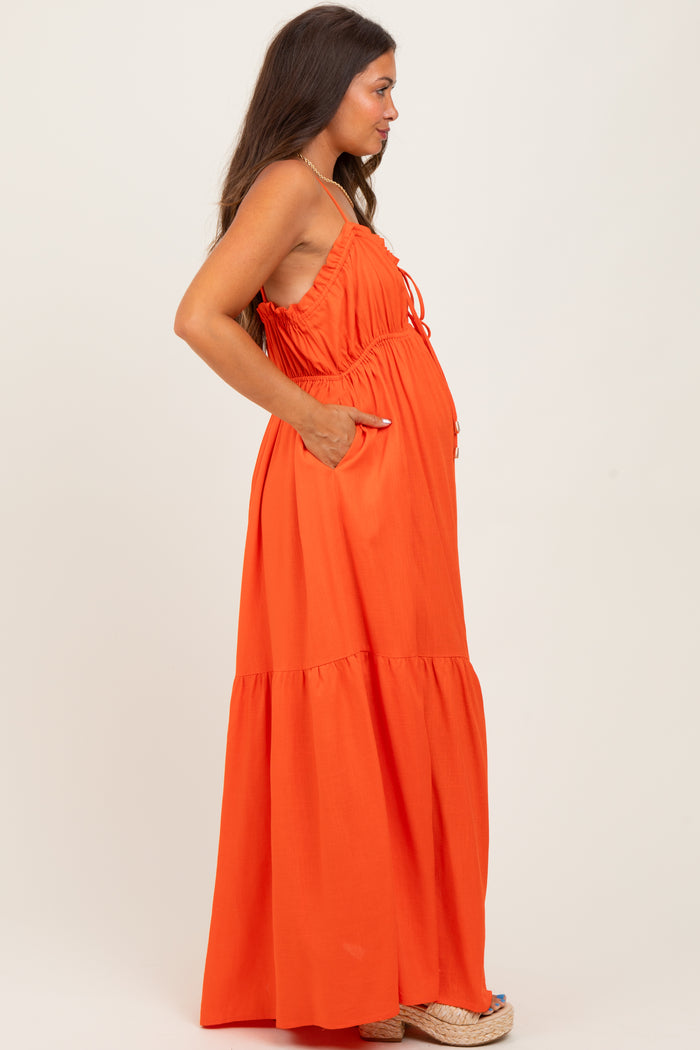 Orange Gathered Front Tie Maternity Maxi Dress