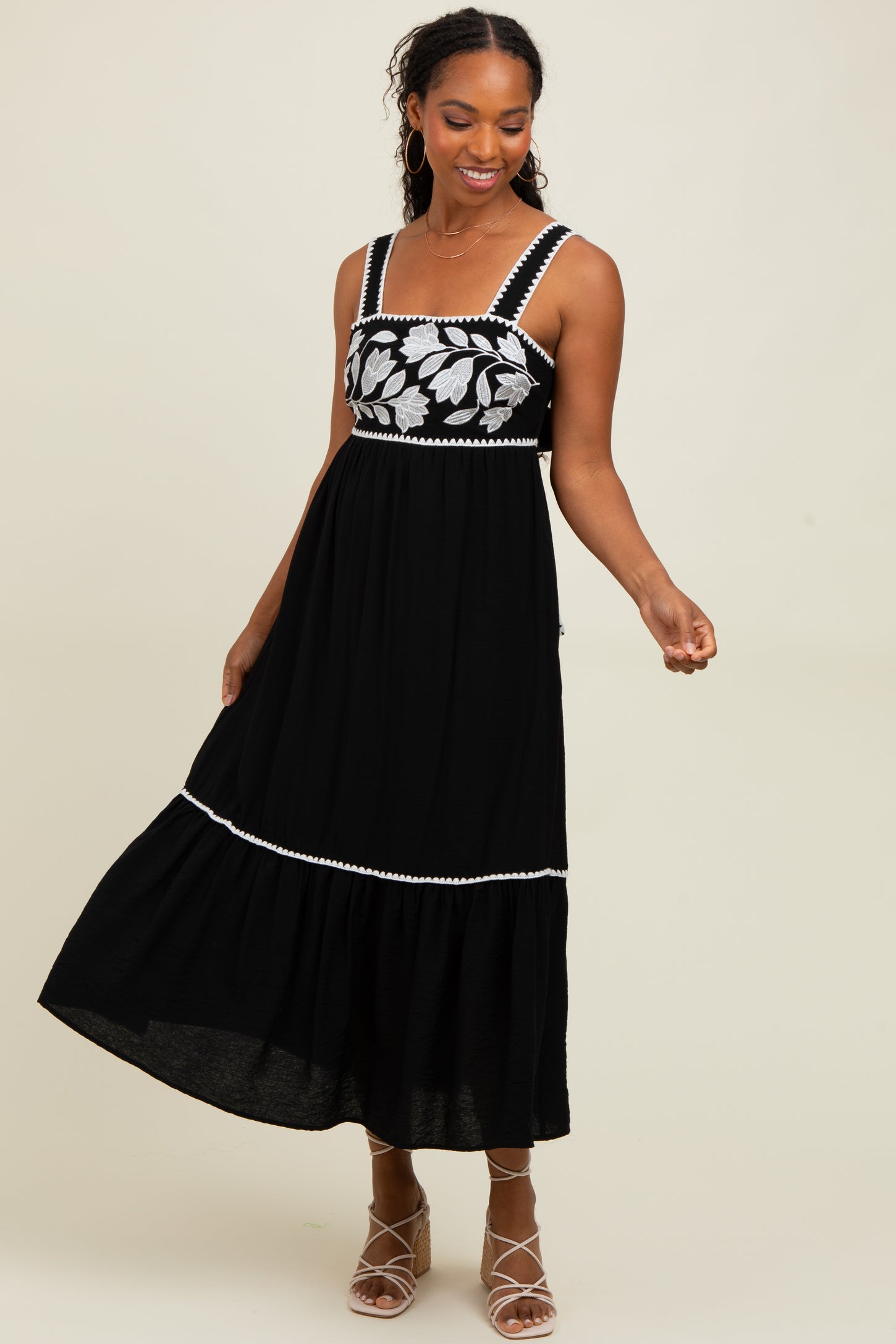 Black Floral Embroidered Cutout Tie Back Maternity Midi Dress