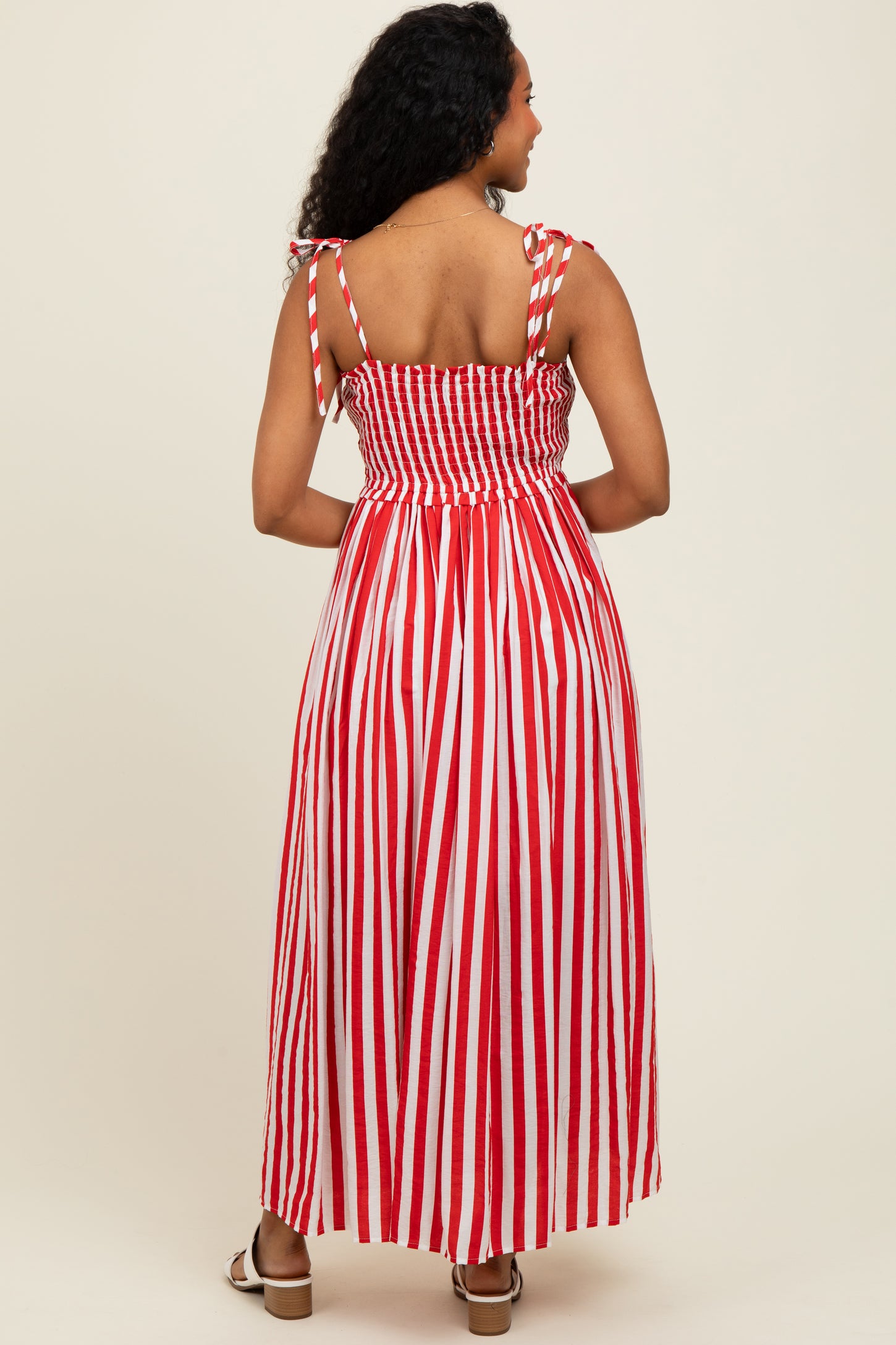 Red Striped Smocked Shoulder Tie Midi Dress