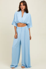 Blue Crop Blouse Wide Leg Pant Set