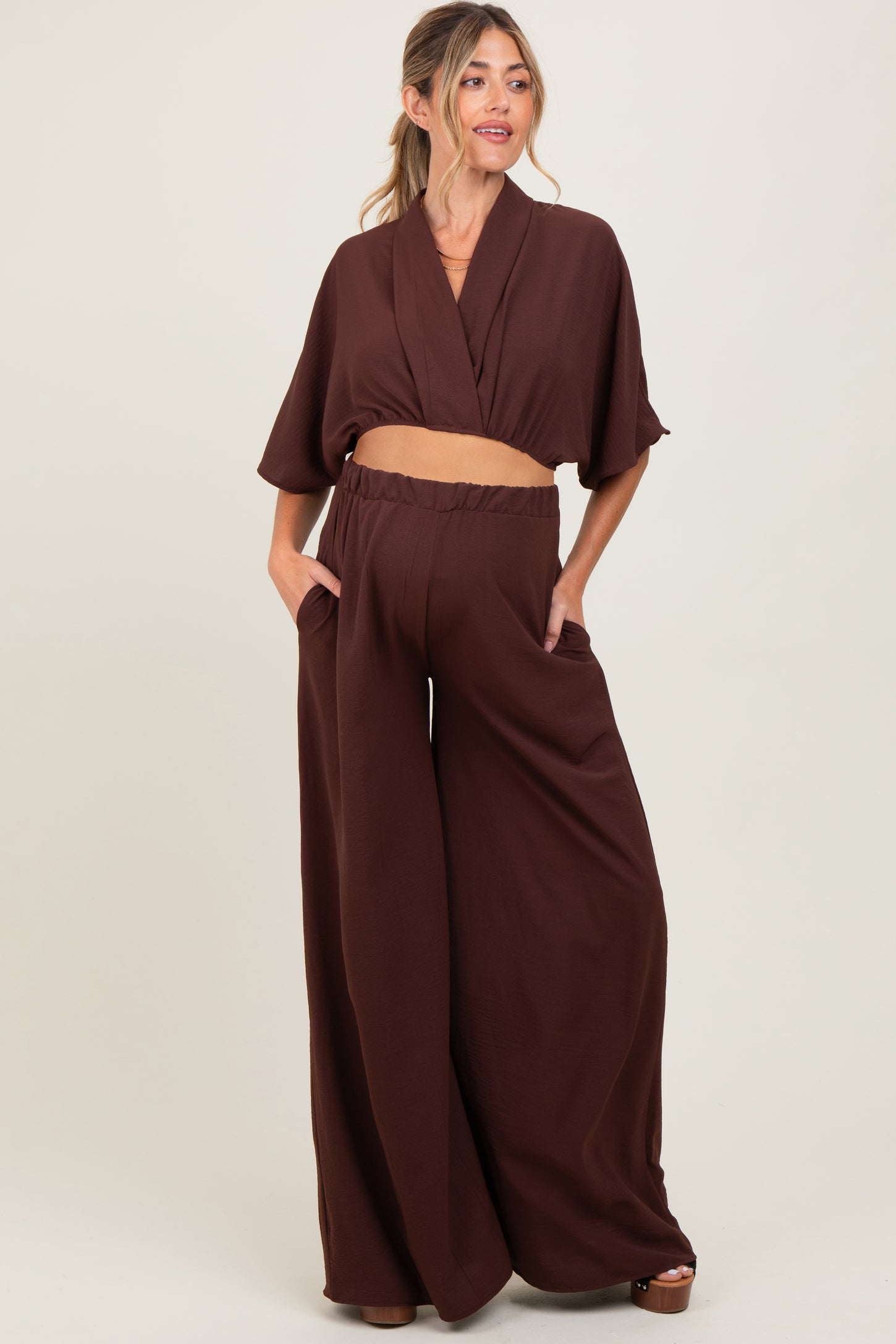 Brown Crop Blouse Wide Leg Pant Maternity Set