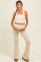 Cream Textured Rib Crop Tank Flare Leg Pant Maternity Set