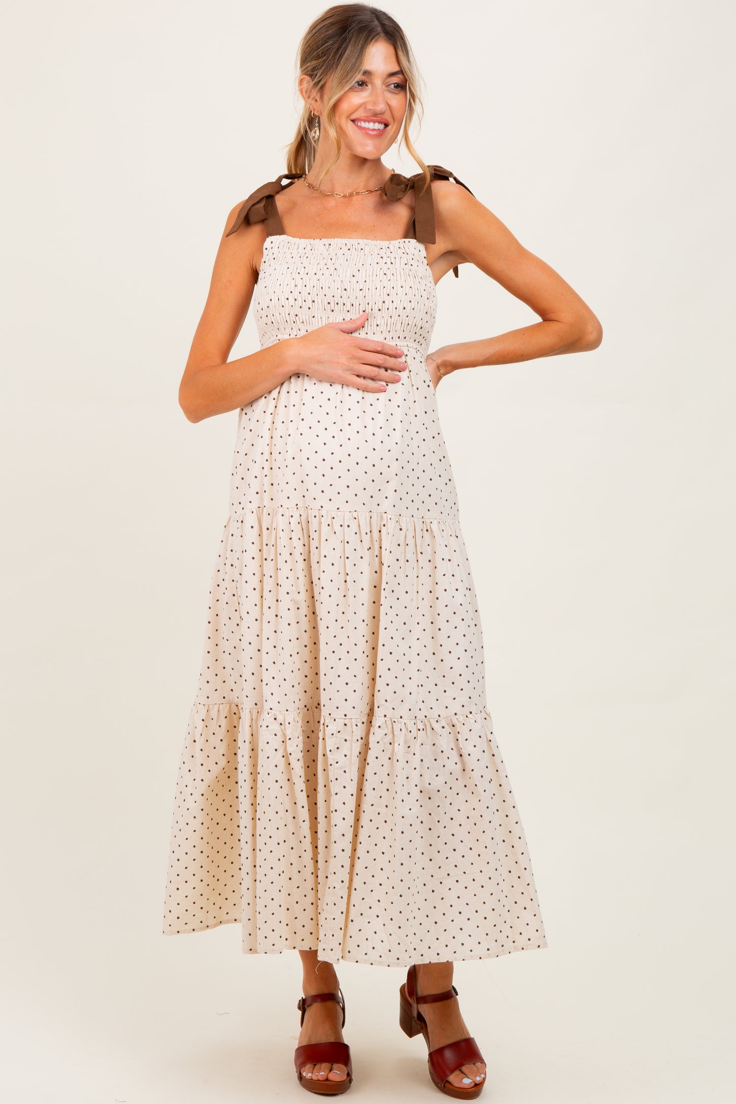 Cream Polka Dot Tiered Shoulder Tie Maternity Midi Dress
