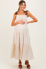 Cream Polka Dot Tiered Shoulder Tie Maternity Midi Dress