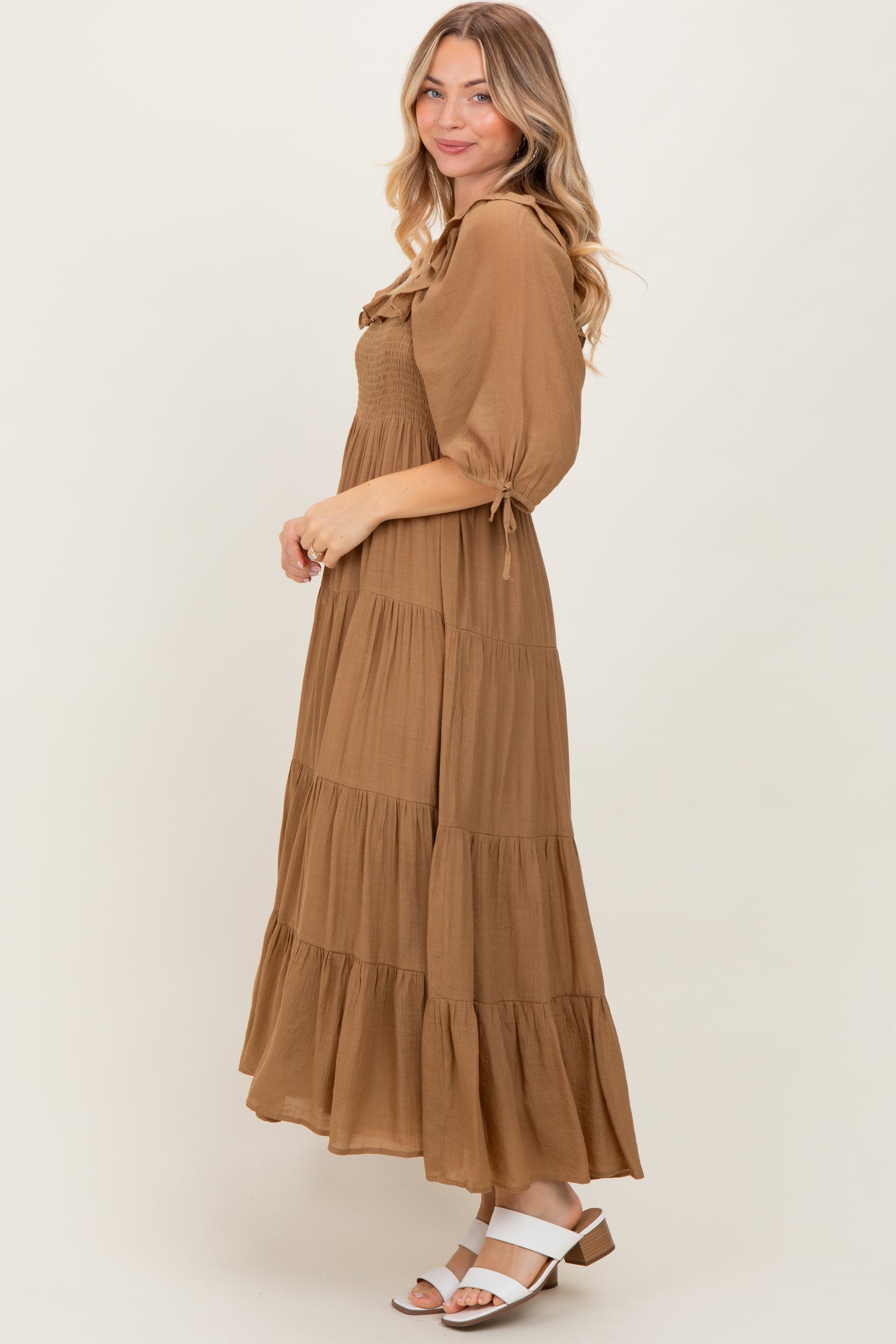 Mocha Smocked Ruffle Detail Tiered Midi Dress
