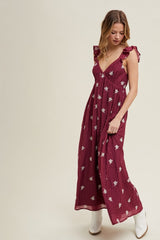 Wine Floral Embroidered V-Neck Midi Dress